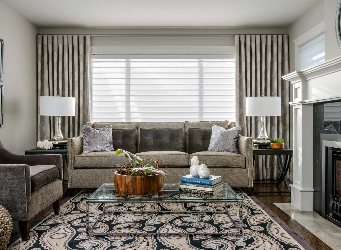 Living Room With Blinds And Curtains