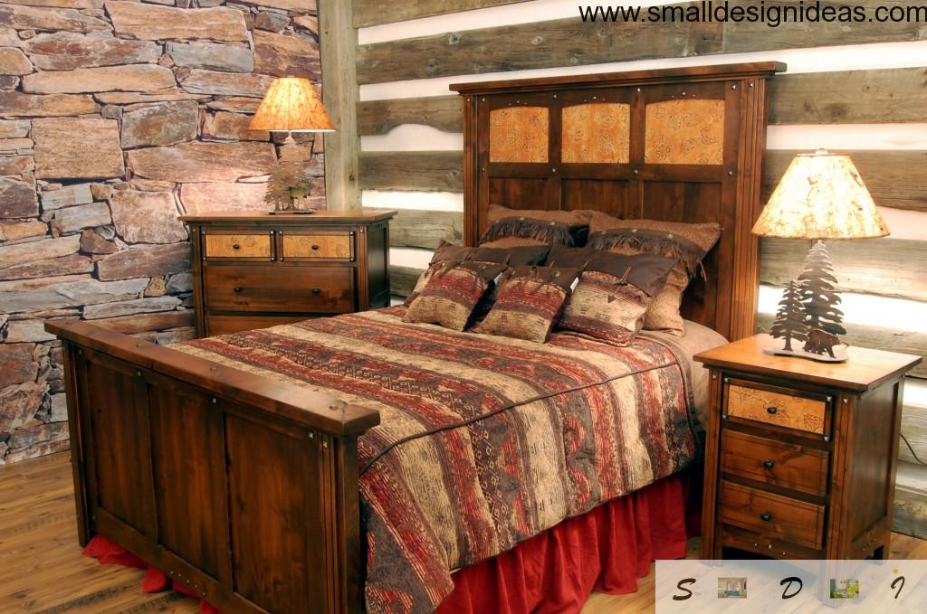 Dark deep colors in the wooden lodging bedroom interior