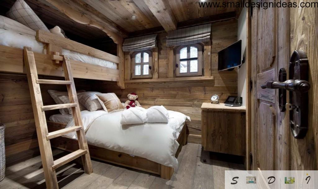 Bunk bed of wood in the rustic bedroom