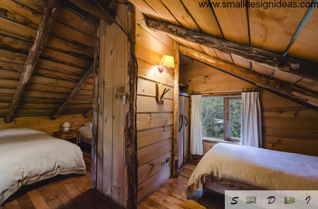 Bevel of wooden roof bedroom with bed