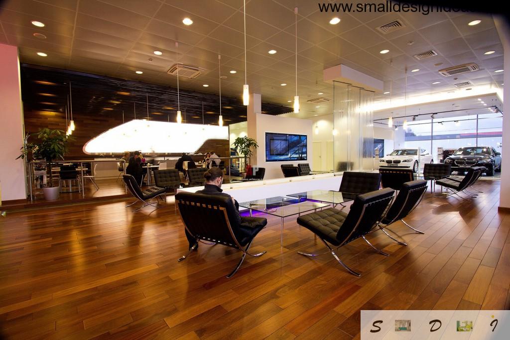 Car trading floor in modern mall in hi-tech design