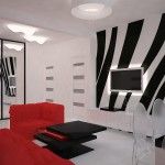 Red and Black Futurism style interior of the living room with original design solutions