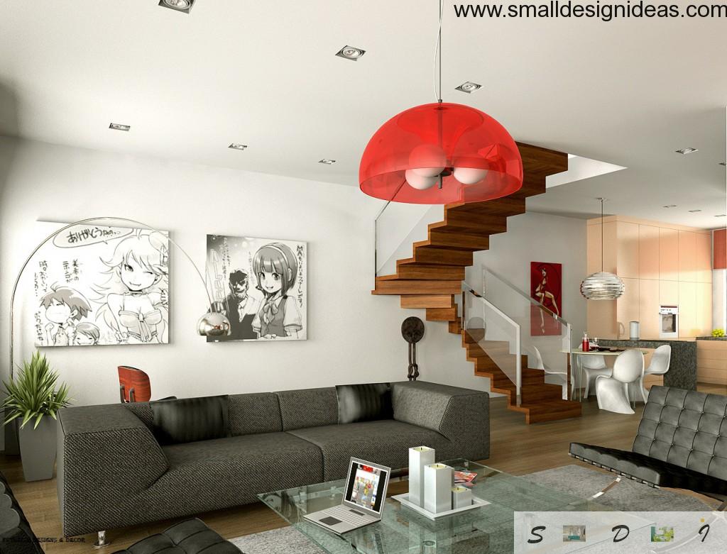 Futuristic living room in the maisonette apartment with red chandelier and ultramodern chair forms