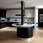 Hi-tech unique design of the kitchen in dark maroon and white tones