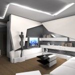 Living room in Futurism style sith figurines and the-art technologies