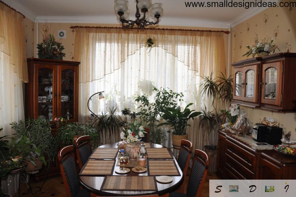 Wooden surfaces and panels in the dark noble interior of the dining room