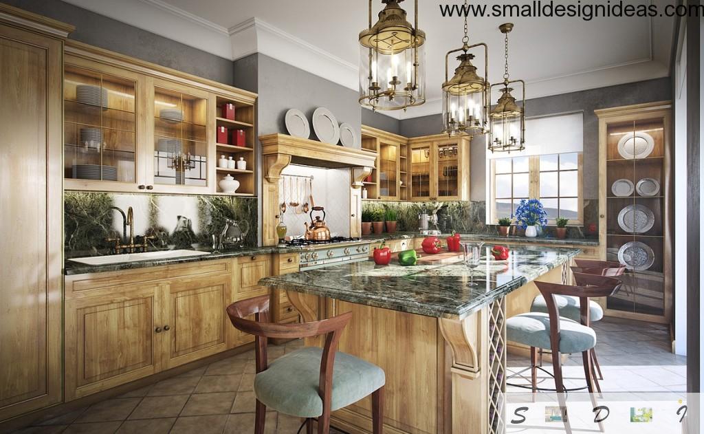 Vintage interior in the cool functional kitchen with a lot of peculiar elements, unusual chandeliers, wooden carved chairs and tiled floor