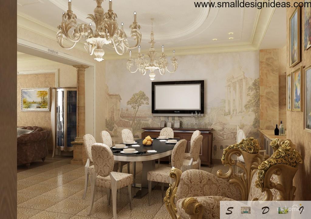 A lot of furniture, design elements and stucco in the classic interior of the living room