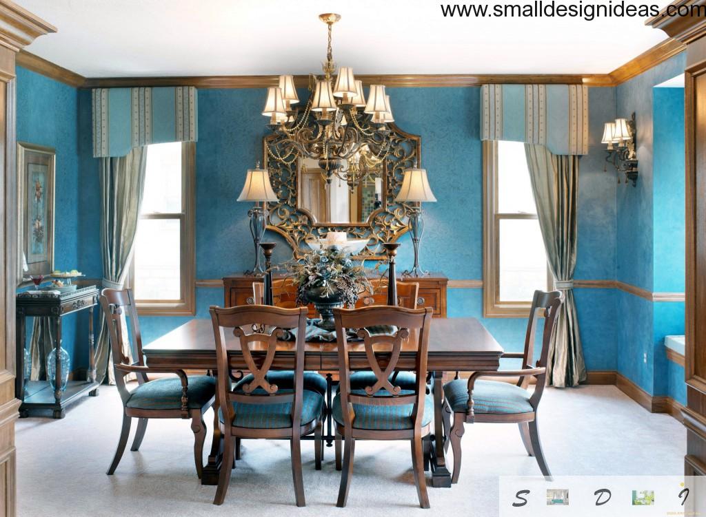 Blue interior of the classic dining room interior with chandelier, wooden furniture