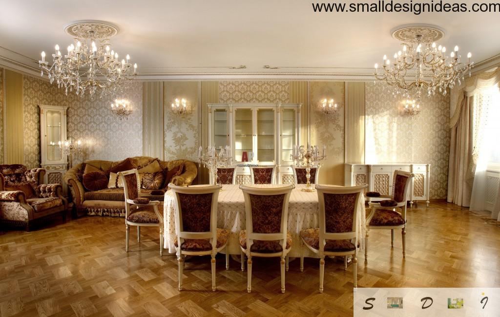 Chandaliers and the color palette makes the all image of Classic style in the interior