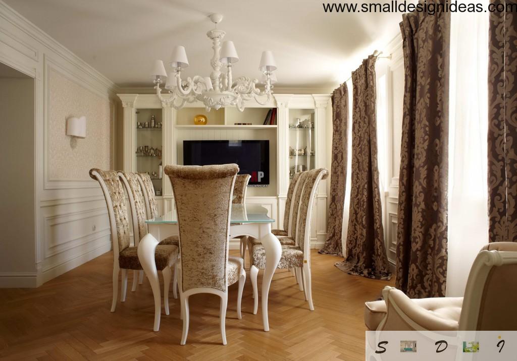 Dining room with a gorgeous royal silk blinds and high backs of chairs and laminate floor