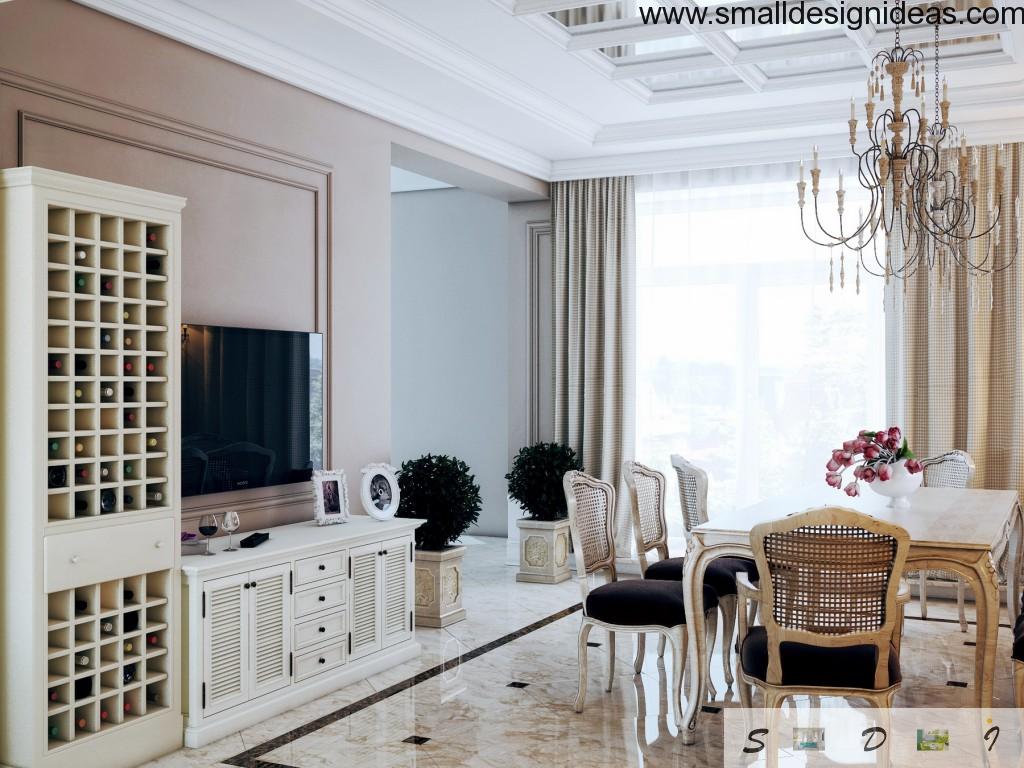 Calm interior of the dining room with elements of different European design styles looks fresh and bright