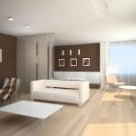 Minimalism Interior Design Style used light laminate floor and airy curtains with simple and effective furniture