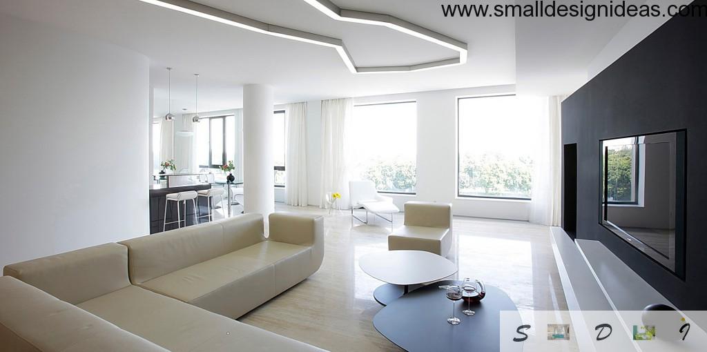 Nice cozy living room interior full of natural light, with leather minimalistic modern furniture, peculiar coffee table and lighting