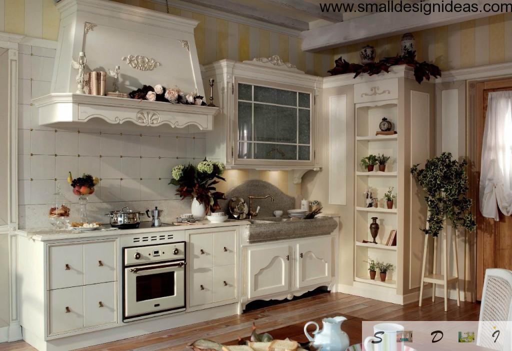 Classic Provence design for kitchen with a lot of pottery and carved exhaust hood rim