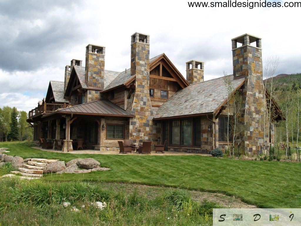 English Tudor style house of different color stones with nice backyard lawn for leisure