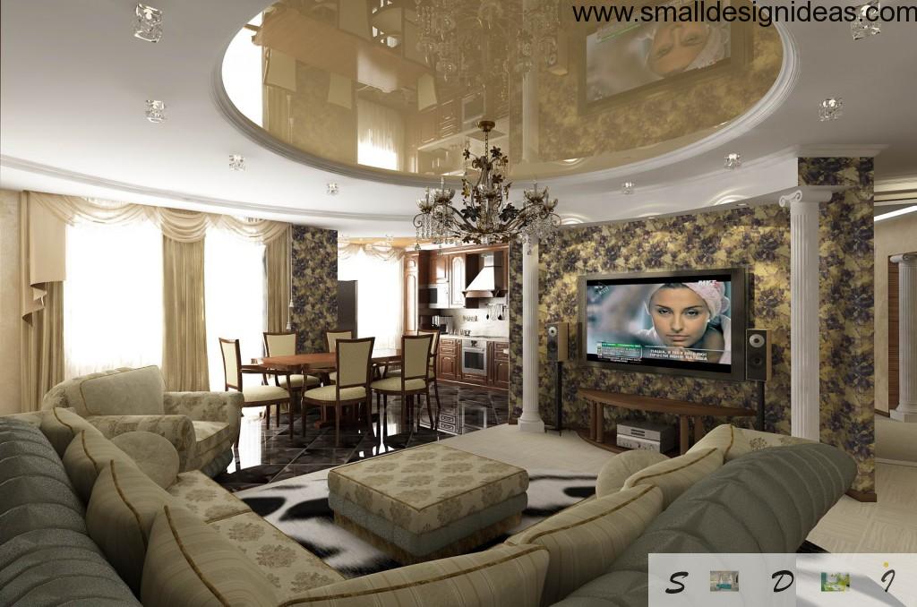 Ultracombined apartment in classic style with a lot of textiles. Uniform space of living room, dining room and the kitchen blends great