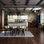 Contrasting dark Loft kitchen with a lot of light from big windows