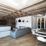 Wooden ceiling construction is tyoical exanple of using the Loft style