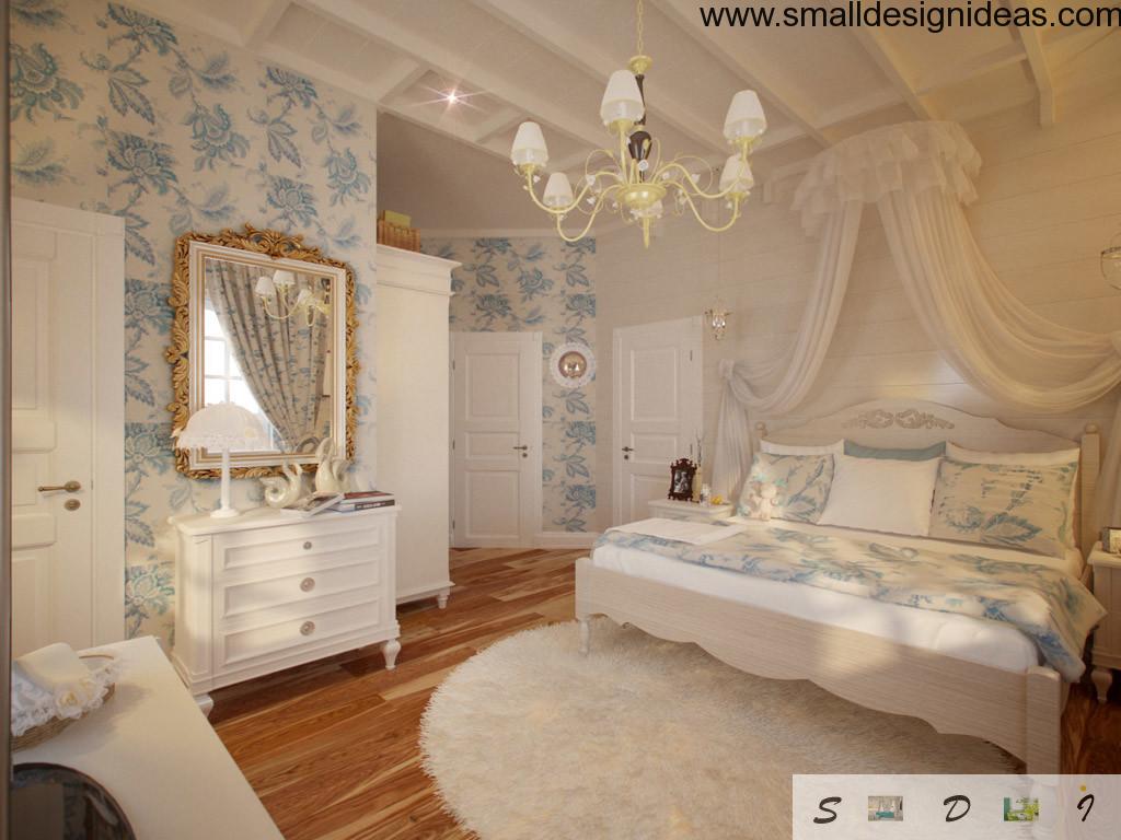 Nice wallpaper with floral pattern in the bedroom in Provence style