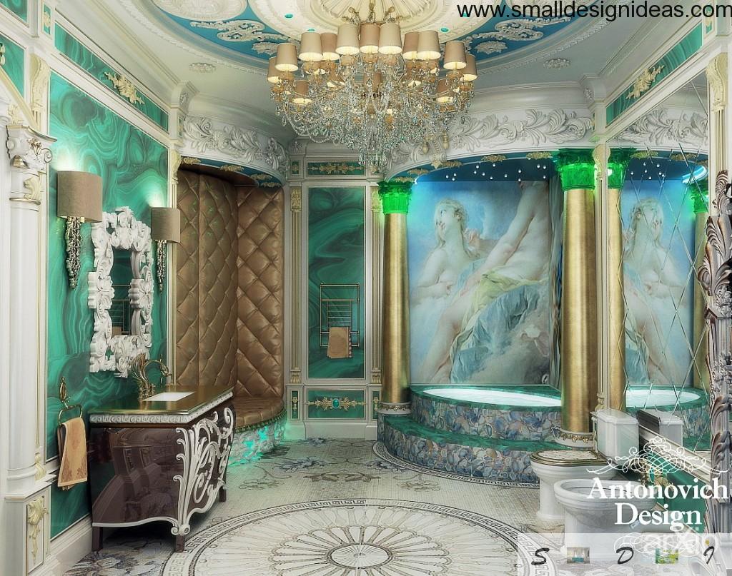 Unique emerald bathroom in Rococo style with columns, paintings and plastered ceiling with grandeur chandelier