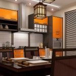 Kitchen in Japanese style with yellow wooden panels and bamboo napkins and Japanese traditional pottery