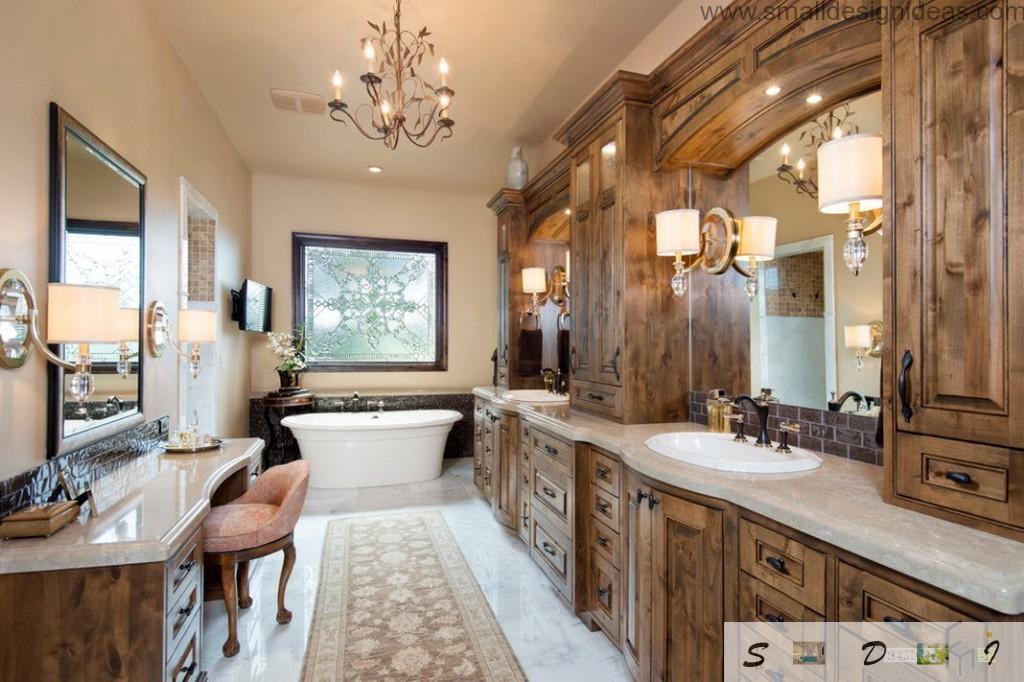 Unique wooden trimming all over the classic pastel bathroom interior