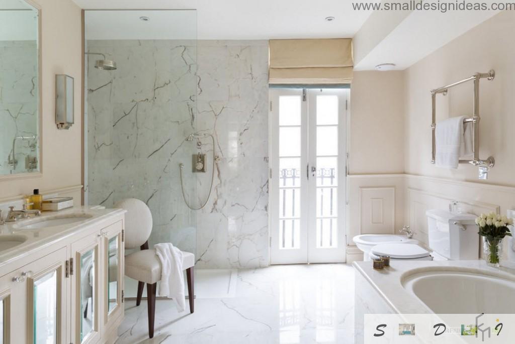 Narble trimmed bathroom in classic light style with French balcony and a soft upholstered chair