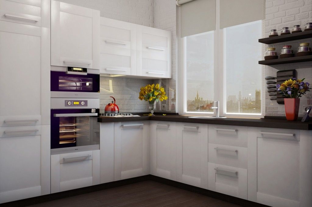 Great idea for small kitchen design with dark contrasting working surfaces and multifunctional windowsill