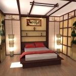 Bedroom in the traditional Japanese design with wooden beams at the ceiling, candlestick lamps, rice paper pseudo shaders and red textile linens