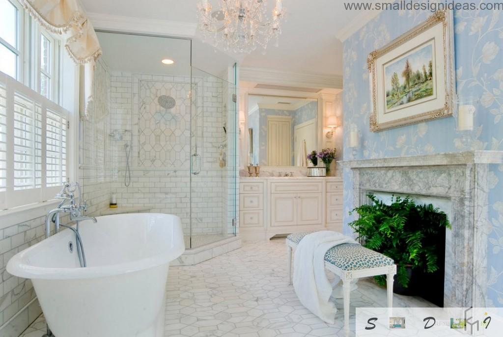 Glass shower cabin, oval bathtub and a fern near the bench diversify strict luxurious bathroom interior