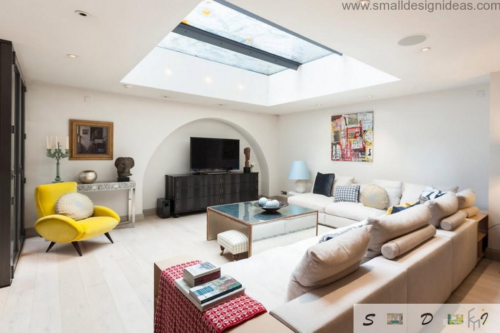 Ceiling window in the modern interior of the living room