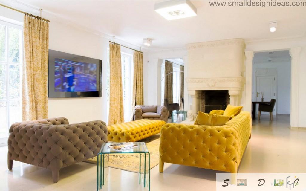 Yellow and brown dotted sofas as main parts of the modern discreet interior