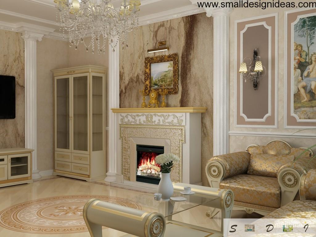 Fireplace in the creamy trimmed living room in Empire style