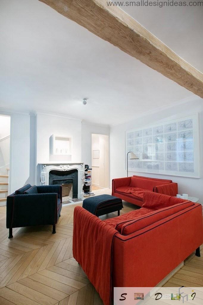 Scandinavian style in the white living room with wooden floor and wooden beam on the floor