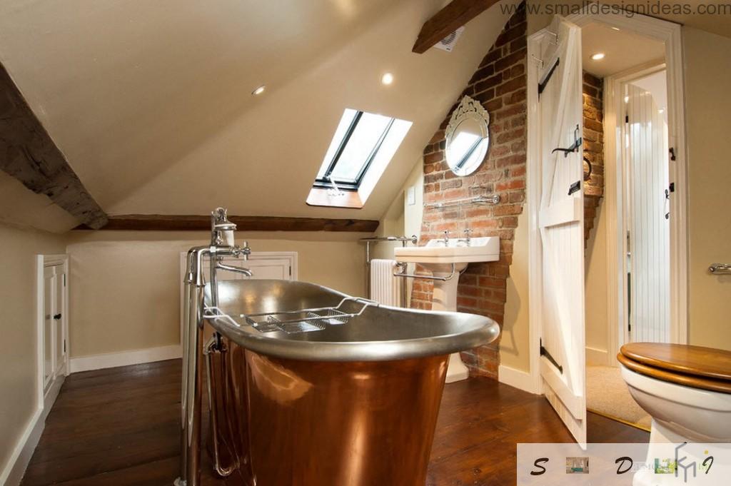 Unique attic bathroom with brown steel bathroom and brickwork as decoration