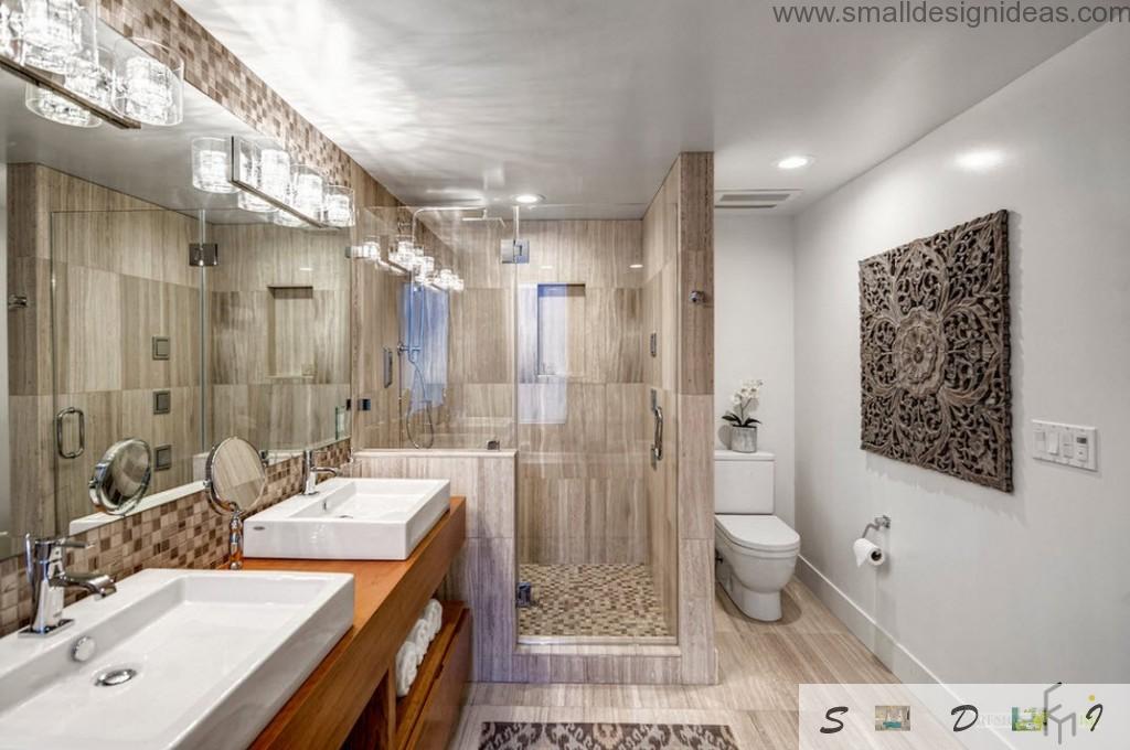 Wooden imitating interior and two sinks in the spacious bathroom