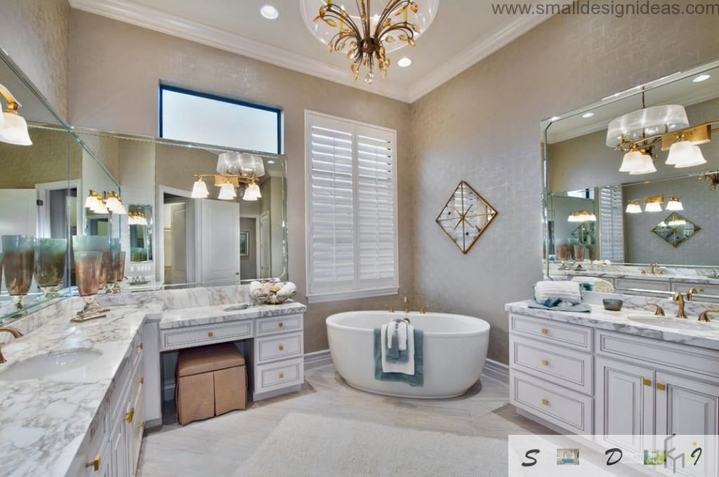 Unique sombination of forms and light in the classical designed bathroom in light tones