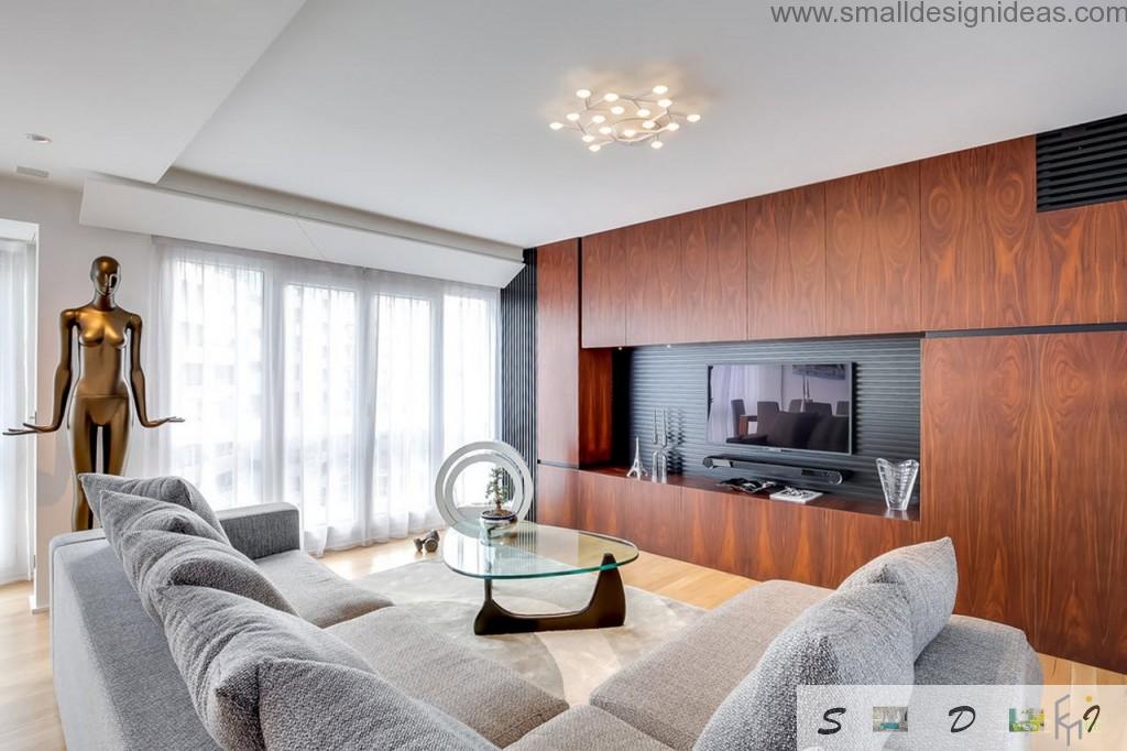 Gold "oscar" figurine and the wooden multifunctional wall in the eclectic living room interior