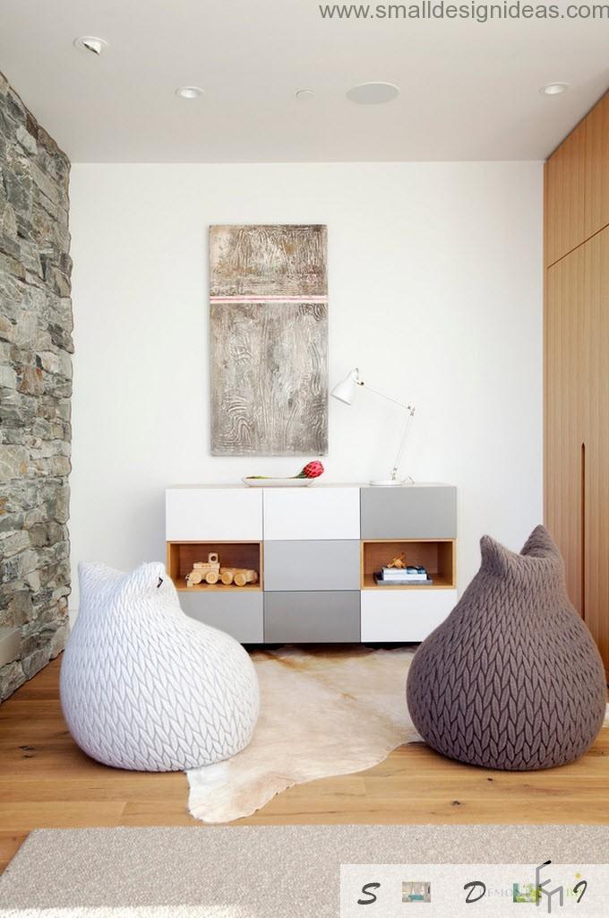 Two soft pear seats in the minimalistic living room interior