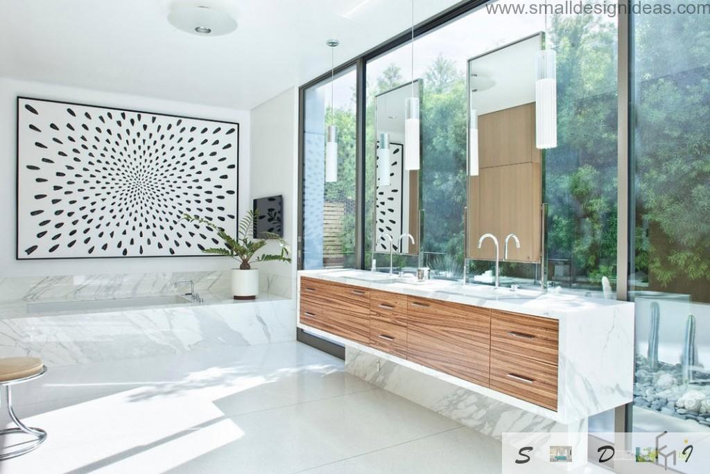 Modern Bathroom Design Ideas. Arch taps and monolith wooden furniture at the huge window in the bathroom