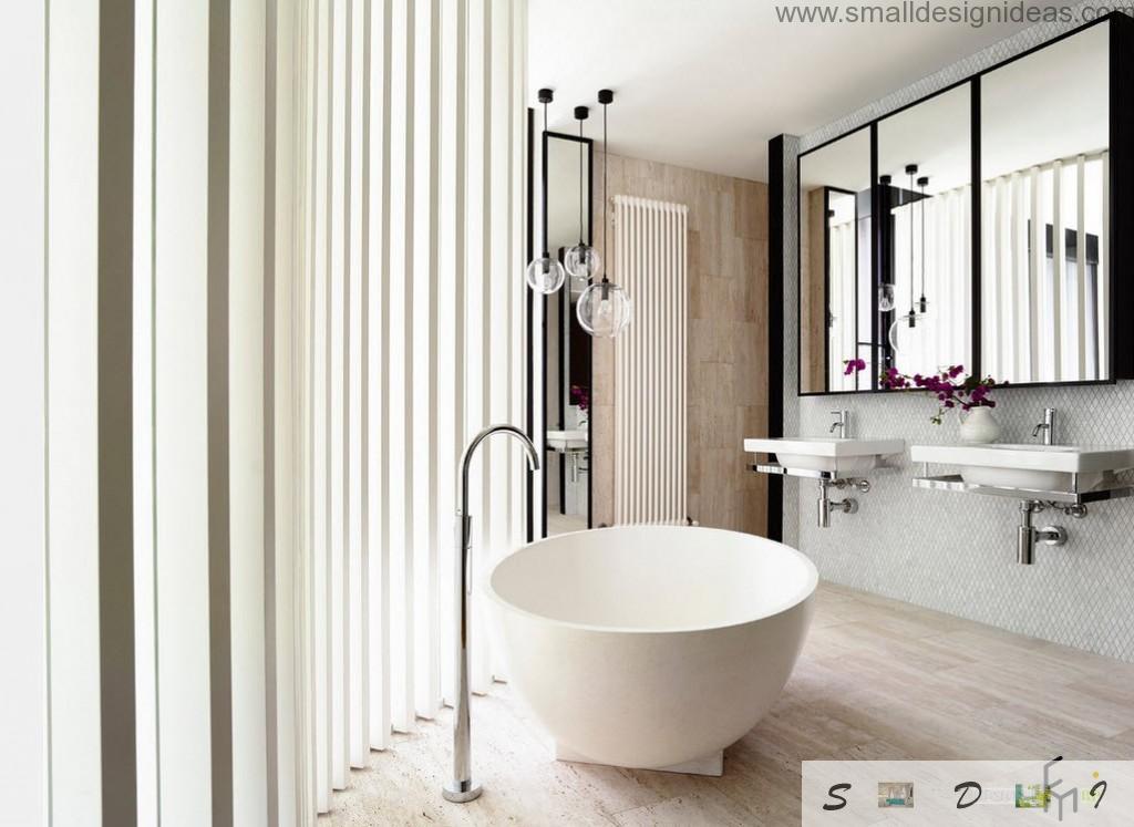 Unique contemporary bathtub form in the oval bathroom with vertical huge blinds