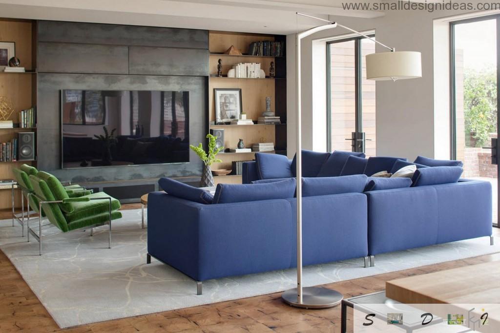 Dark blue sofa as the delimeter in the living room