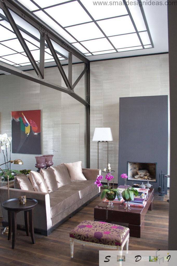 Wooden floor and pastel colors in the finish of the high spacious living room