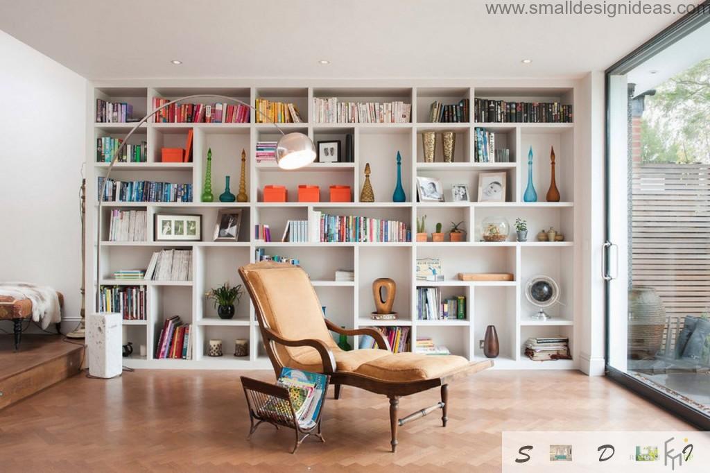 Reading zone in the library living room with comfortable chaise-longue 