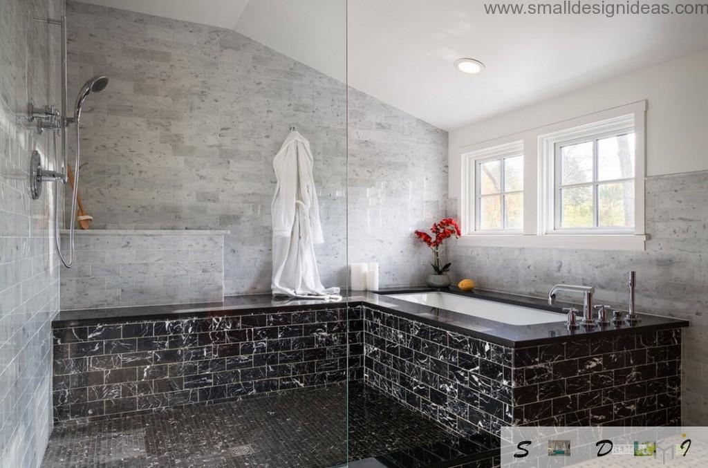 Tiles in the well-designed bathroom with glass partition