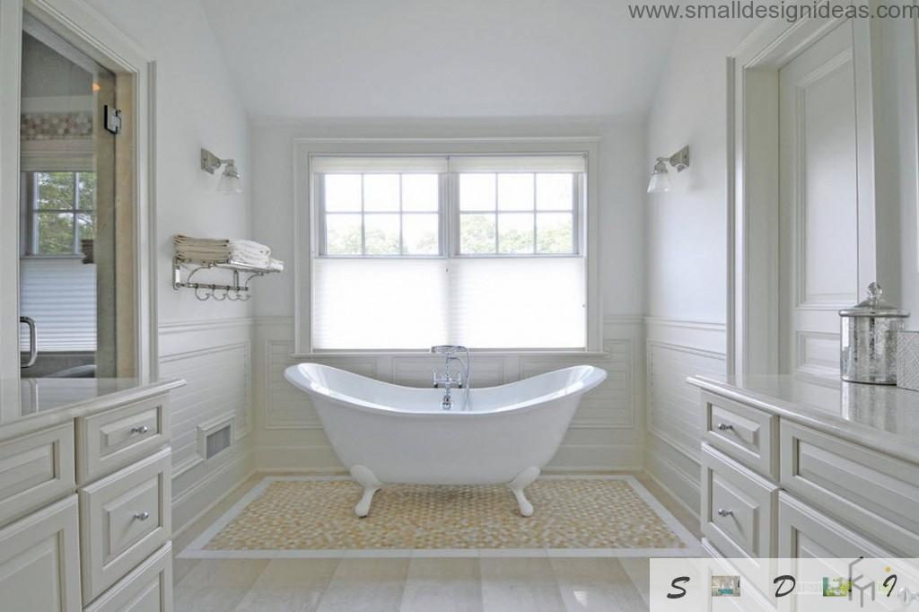 Snow white bathroom with a bathtub in a center