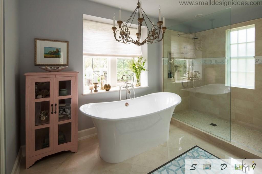 Top splaying bathtub in the classic interior of the bathroom