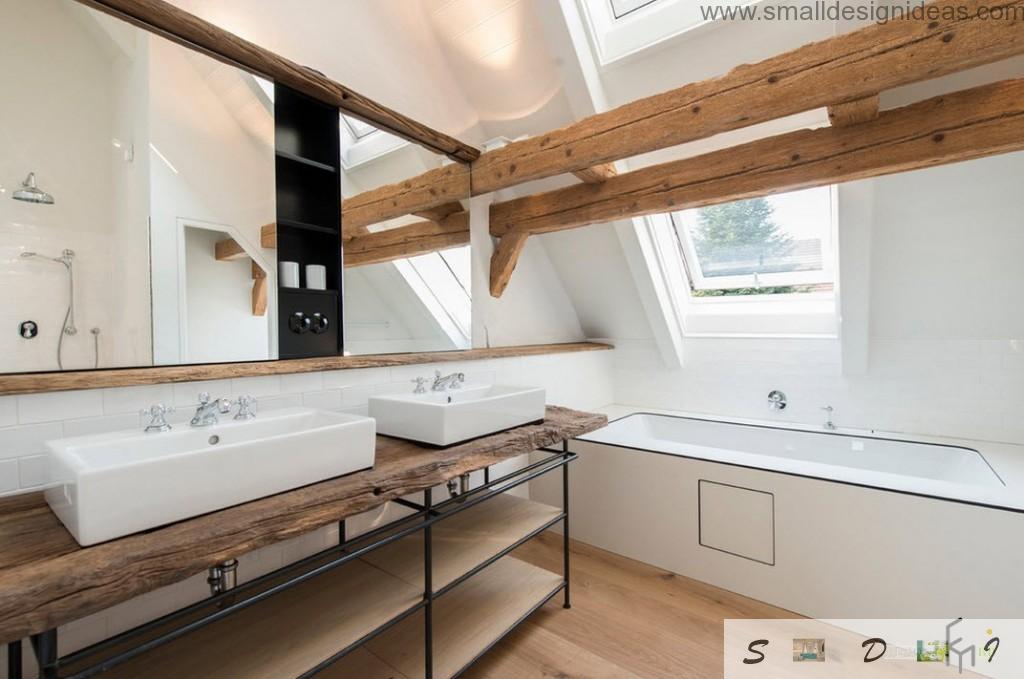 Opened wooden beams in the bathroom bring people closer to the nature