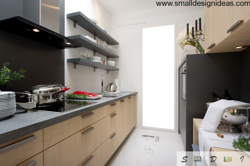 Contrasting shelves and splashback in the white designed galley kitchen in modern minimalistic style